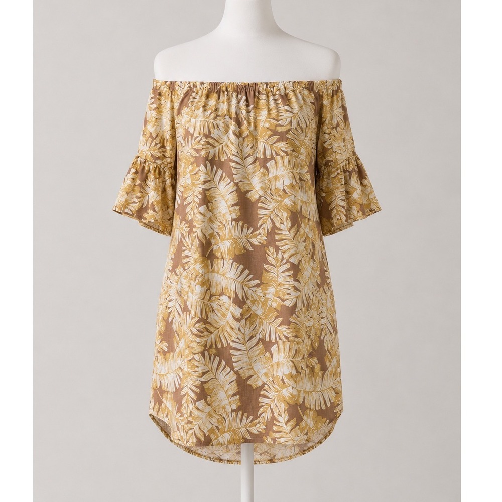 Ruby Rd Woman Linen Blend Tropical Palm Print Bell Sleeve Shift Dress Tan Size M